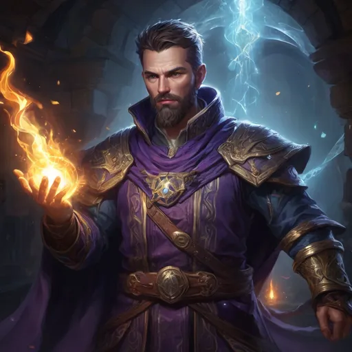 Prompt: Male stocky large mature arcane-mage with short-cut hair and beard, surrounded by an a prismatic-light spell inside of a dark dungeon, pathfinder, d&d setting, in a realistic high quality digital art style, enhanced shadow quality, colorful