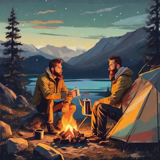 Prompt: A profile beautiful and colourful picture of two men with brunette hair and short beards, camping in a norwegian mountain, coffeepot on a campfire, morning sky, in a painted style