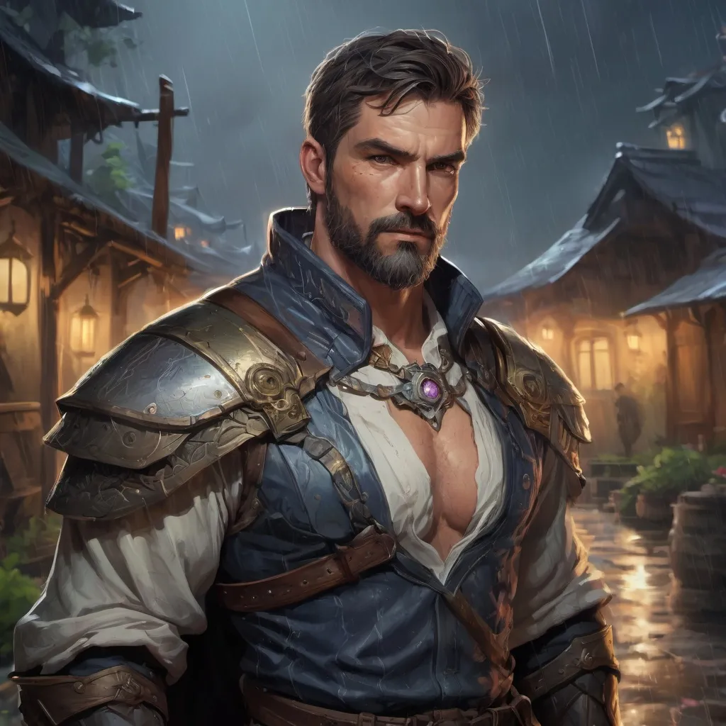 Prompt: Male stocky Muscular large mature paladin with short-cut hair and beard, open shirt, outside of a small fantasy village in the rain at night, pathfinder, d&d setting, in a realistic high quality digital art style, enhanced shadow quality, colorful