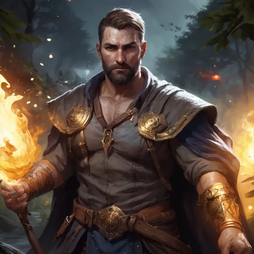 Prompt: Male stocky large fat templar with short-cut hair and beard, open shirt hairy chest, in combat casting a magic-ray out of hands in nature at night, pathfinder, d&d setting, in a realistic high quality digital art style, enhanced shadow quality, colorful