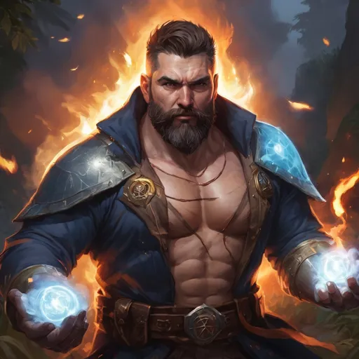 Prompt: Male stocky large fat templar with short-cut hair and beard, open shirt hairy chest, in combat casting a magic-ray out of hands in nature at night, pathfinder, d&d setting, in a realistic high quality digital art style, enhanced shadow quality, colorful