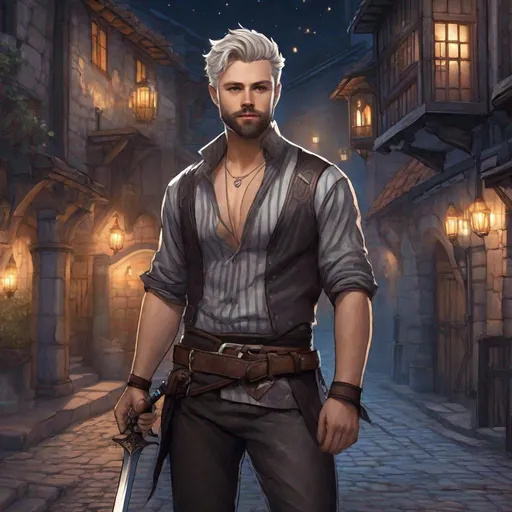 Prompt: (Full body) A male short-haired thief looks like jack lowden with open shirt hairy chest and short beard grey-striped hair, glowing magic, fantasy weapon, leather shirt with details, manly, pathfinder, dungeons and dragons fantasy setting, night time in a town street, in a painted style, realistic