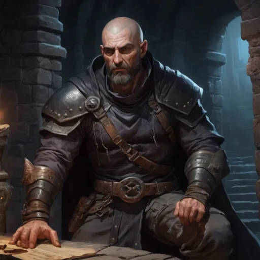 Prompt: Male stocky muscular mature thief with short-cut hair and beard, inside of a dungeon at night, pathfinder, d&d setting, enhanced shadow quality