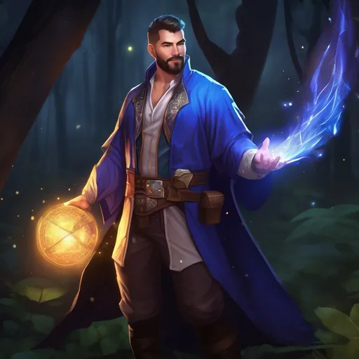 Prompt: (Full body) male stocky magical time-mage with short hair and beard, open shirt, in dark lit nature background, pathfinder, d&d setting, in a realistic digital art style