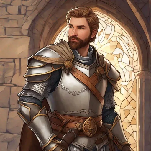 Prompt: (Torso and face) A male cleric with dark-blonde short hair and beard, cloth armor, pathfinder, dungeons & dragons, in a detailed realistic digital art style