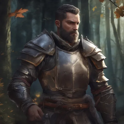 Prompt: (Full body) male handsome muscular royal armored knight with short hair and beard, in a forest village at night, pathfinder, d&d setting, in a realistic high quality digital art style