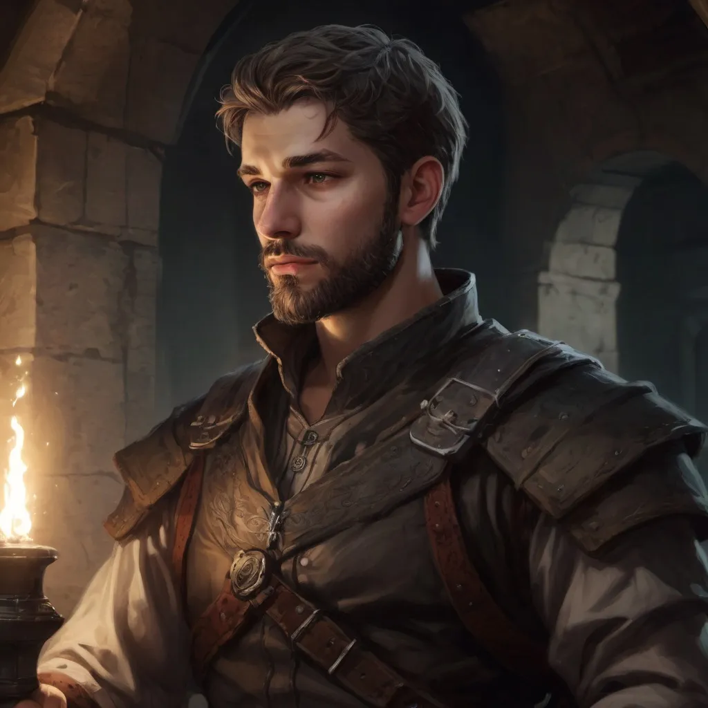 Prompt: Male stocky large young scholar with short-cut hair and beard, exploring a dark trasure room, pathfinder, d&d setting, realistic, enhanced shadow quality