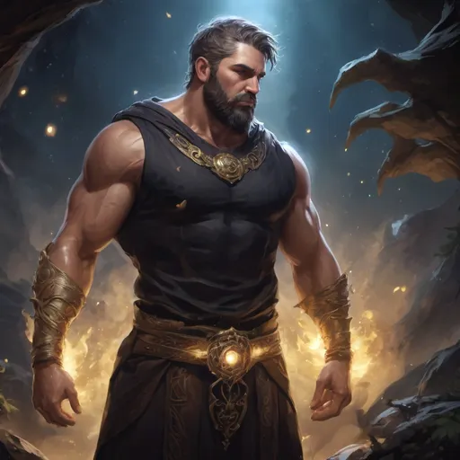 Prompt: (Full body) male stocky fat muscular sacred oracle with short hair and beard, hairy chest, casting swirly dark bright spell, Lunar light, in nature at night, pathfinder, d&d setting