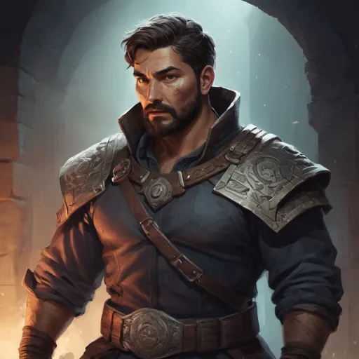 Prompt: Male stocky large mature mexican fighter with short-cut hair and beard, exploring a dark astral dungeon, pathfinder, d&d setting, in a realistic high quality digital art style, enhanced shadow quality, colorful