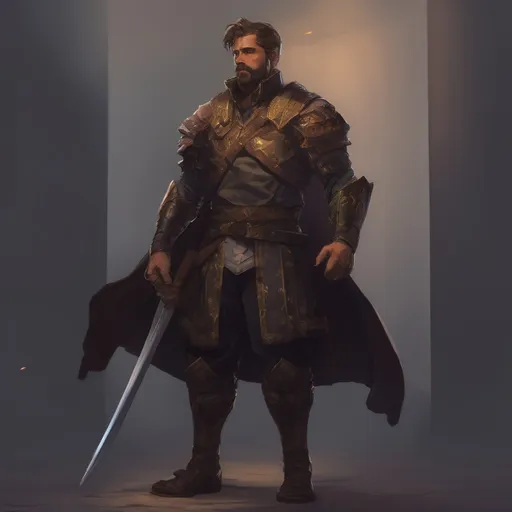 Prompt: (Full body) male stocky young royal noble with short-cut hair and beard, in a dark room, pathfinder, d&d setting, in a realistic digital art style