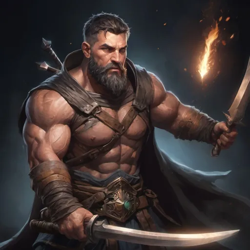 Prompt: (torso) Male stocky large muscular battle-mage with short-cut hair and beard, engaged in combat casting a light spell inside of a dark dungeon, in movement, pathfinder, d&d setting, realistic, enhanced shadow quality, colorful