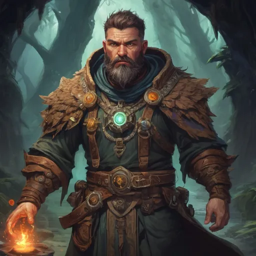 Prompt: Male stocky large mucular south-pacific arcane-druid with short-cut hair and beard, exploring a dark astral magical dungeon in combat, pathfinder, d&d setting, in a realistic high quality digital art style, enhanced shadow quality, colorful