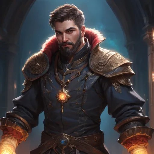 Prompt: (Torso) Male stocky large mature arcane-summoner with short-cut hair and beard, in a dark castle, surrounded by bright magic, pathfinder, d&d setting, in a realistic high quality digital art style, enhanced shadow quality, colorful