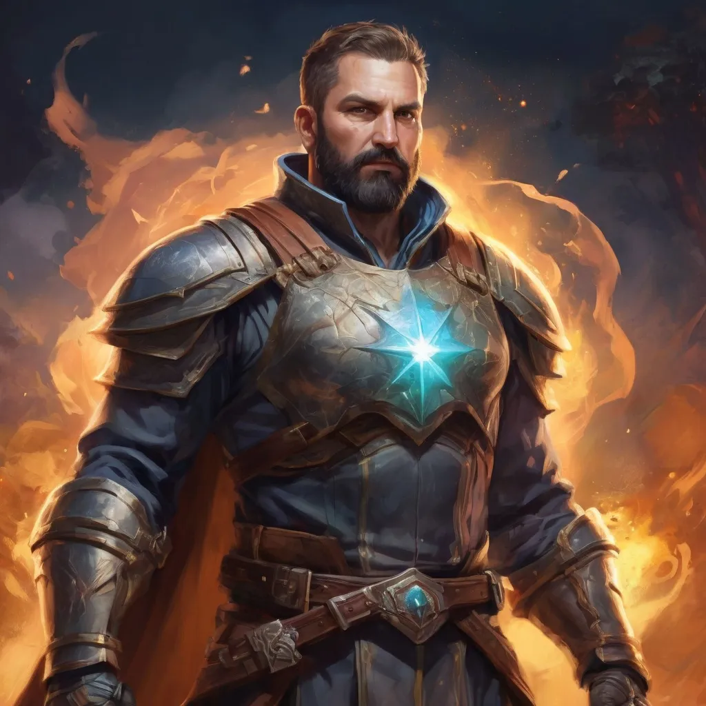 Prompt: (torso) Male stocky large 38-year old fit battle-cleric with short-cut hair and beard, engaged in combat casting an astral star-spell in nature, pathfinder, d&d setting, enhanced shadow quality