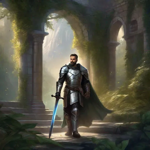 Prompt: (Full body) a crusader with short beard grey short-cut hair, big shiny magical armor, holding a sword, standing in a dark overgrown temple ruin, fantasy setting, dungeons & dragons, in a painted style realistic art