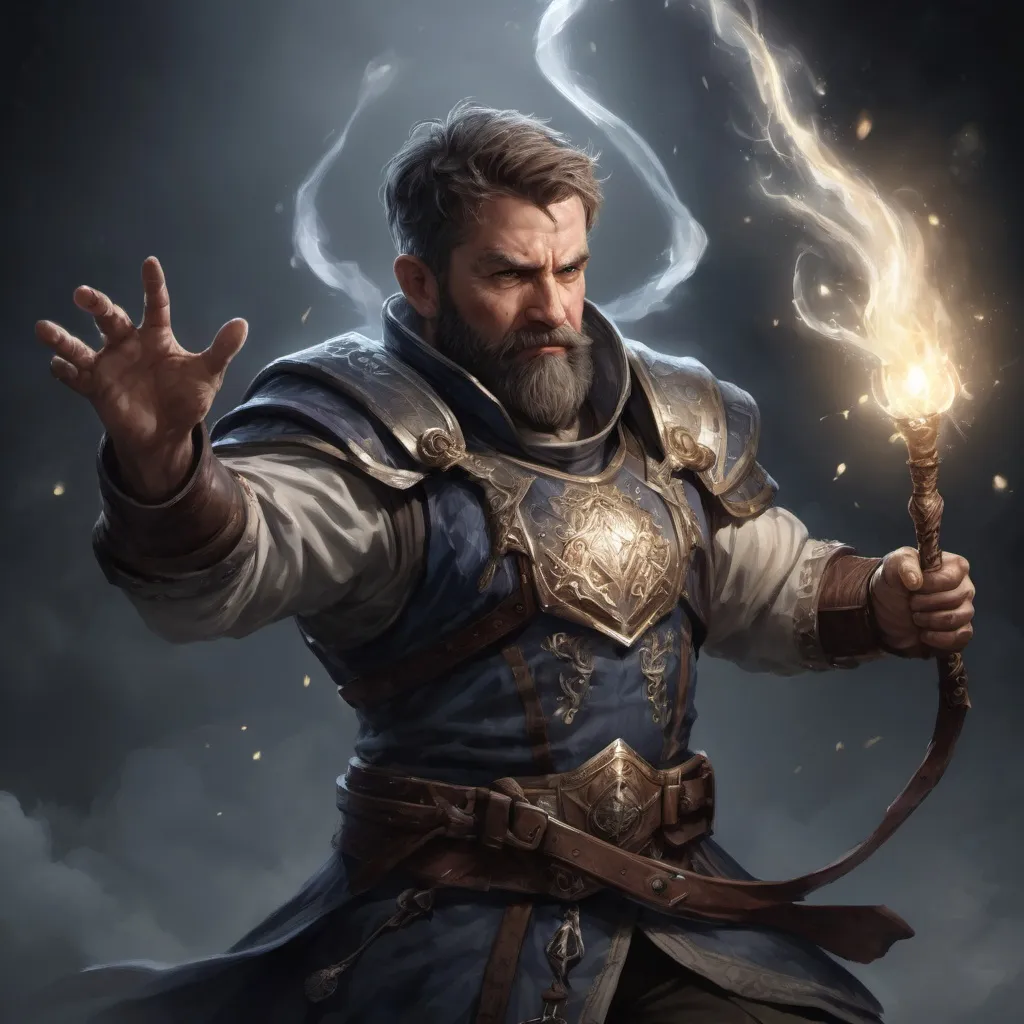 Prompt: Male stocky large mature fit battle-mage with short-cut hair and beard, engaged in combat casting a white-light spell in a dark room, pathfinder, d&d setting, realistic, enhanced shadow quality