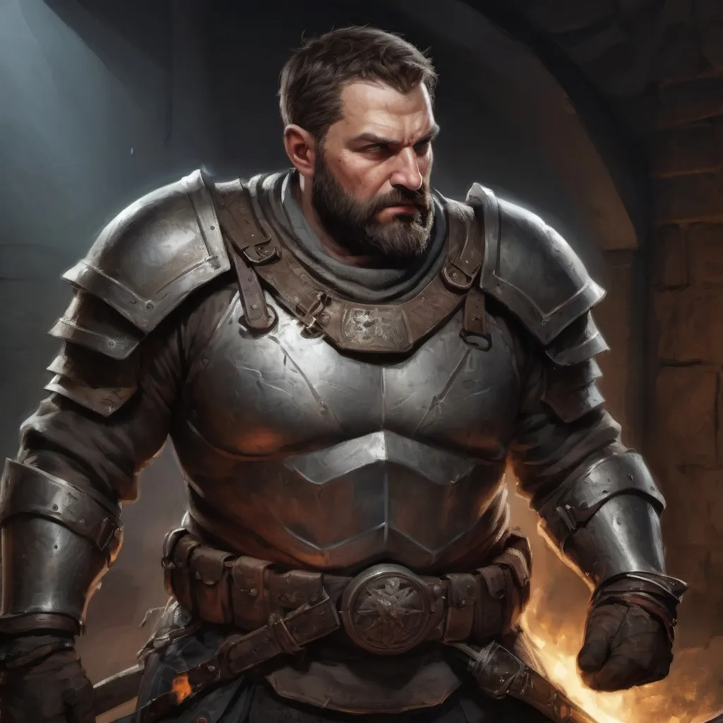 Prompt: (torso) Male stocky large mature albanian knight with short-cut hair and beard, engaged in combat inside of a dark dungeon room, pathfinder, d&d setting, realistic high quality enhanced shadow quality