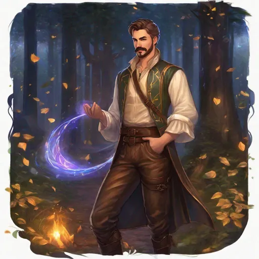 Prompt: (Full body) A male alchemist with short cut hair with a mustache and stubble manly face, pathfinger, magic swirl, leather pants, holding magic, dungeons and dragons, brown boots, fantasy setting, standing in a forest glade at night, in a painted style realistic art