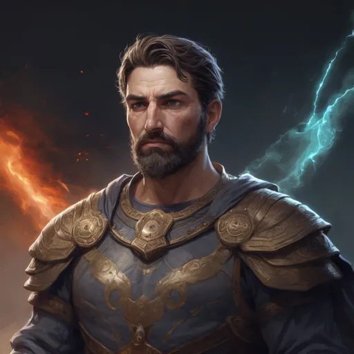 Prompt: Male stocky large mature greek oracle with short-cut hair and beard, exploring a dark astral battlefield, pathfinder, d&d setting, in a realistic high quality digital art style, enhanced shadow quality, colorful