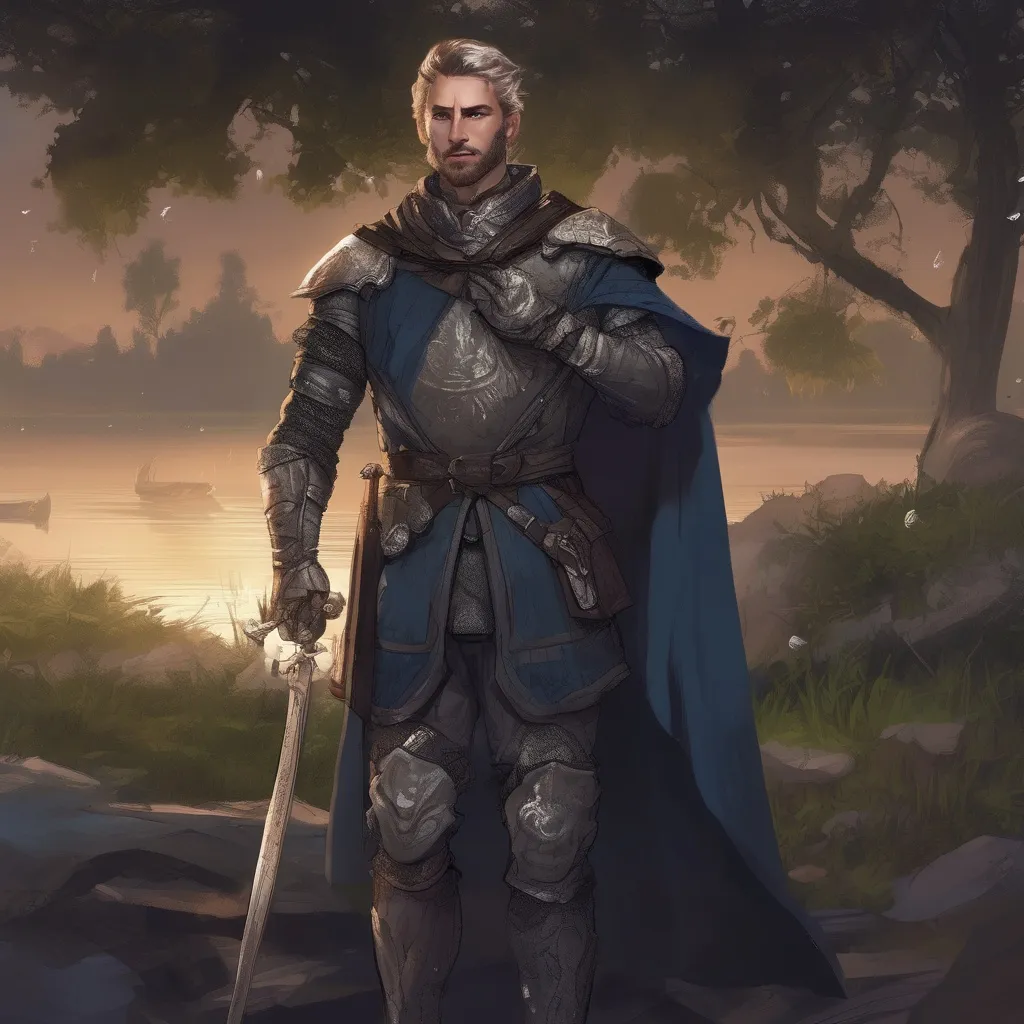 Prompt: (Full body) male handsome royal knight with short salt&pepper hair and beard, in nature at night, d&d setting, in a realistic digital art style