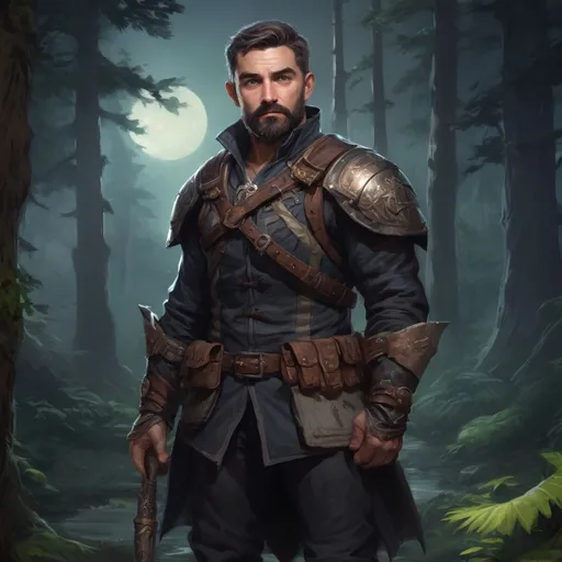 Prompt: Male stocky heavy-set mature fantasy-ranger with short-cut hair and beard, outside of fantasy forest at night, pathfinder, d&d setting, in a realistic high quality digital art style, enhanced shadow quality