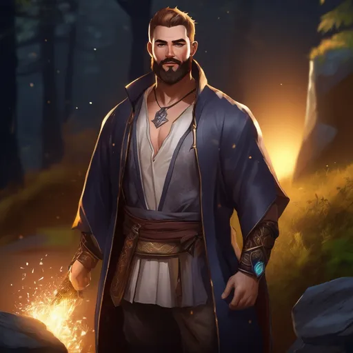 Prompt: (Full body) male stocky eidolon-summoner with short hair and beard, open shirt, in dark lit nature background, pathfinder, d&d setting, in a realistic digital art style