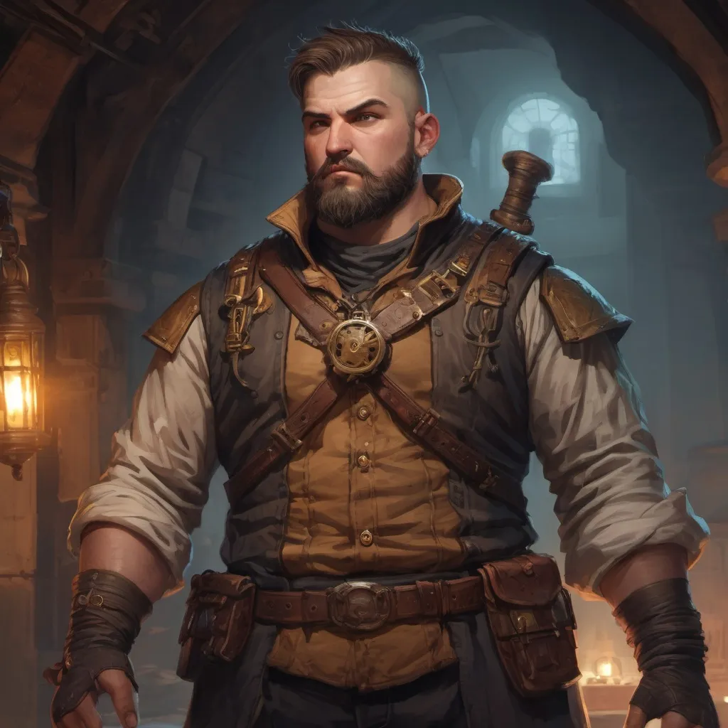 Prompt: Male stocky beefy fat steampunk rogue with short-cut hair and beard, big belly, inside a temple dungeon at night, pathfinder, d&d setting, in a realistic high quality digital art style, enhanced shadow quality