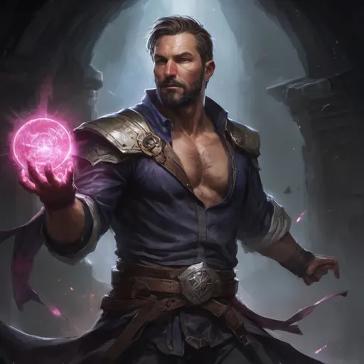 Prompt: (torso) Male stocky large 39-year old battle-mage with short-cut hair and beard, open shirt hairy chest, engaged in combat casting an arcane-spell inside of a dark dungeon, in movement, pathfinder, d&d setting, realistic, enhanced shadow quality, colorful