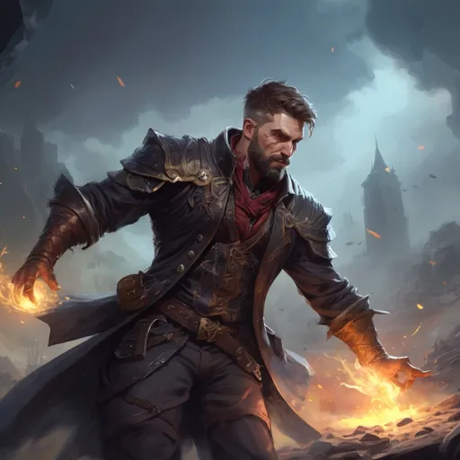 Prompt: Male stocky mature muscular illusionist with short-cut hair and beard, on a battlefield, in combat, Casting a spell, pathfinder, d&d setting, in a realistic high quality digital art style, enhanced shadow quality, colorful