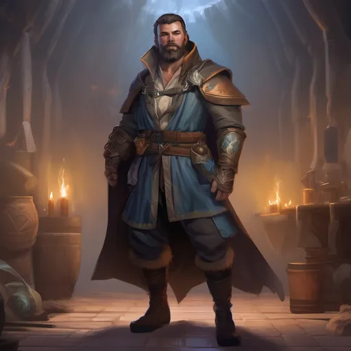 Prompt: (Full body) male stocky magus with short-cut hair and beard, in a dark magic temple dungeon, wearing magical noble robes, pathfinder, d&d setting, in a realistic digital art style