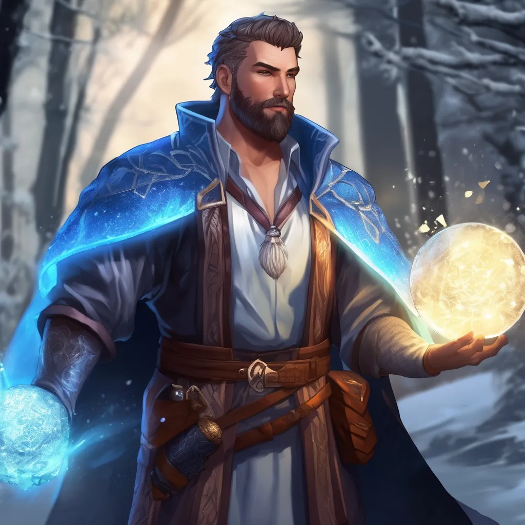 Prompt: (Full body) male stocky magical ice-mage with short hair and beard, open shirt, in dark lit nature background, pathfinder, d&d setting, in a realistic digital art style