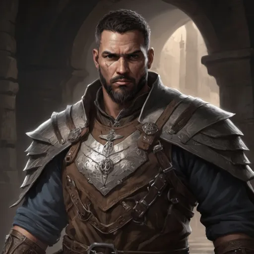 Prompt: Male stocky large mature dominican fighter with short-cut hair and beard, exploring a dark dungeon, pathfinder, d&d setting, in a realistic high quality digital art style, enhanced shadow quality