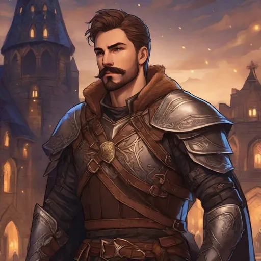 Prompt: A male fighter short-cut hair looks like gay actor with hairy chest and mustache short-beard, armor with brown leather details, cloak, manly, fantasy setting, dungeons and dragons, outside of in a town at night, in realistic digital art style