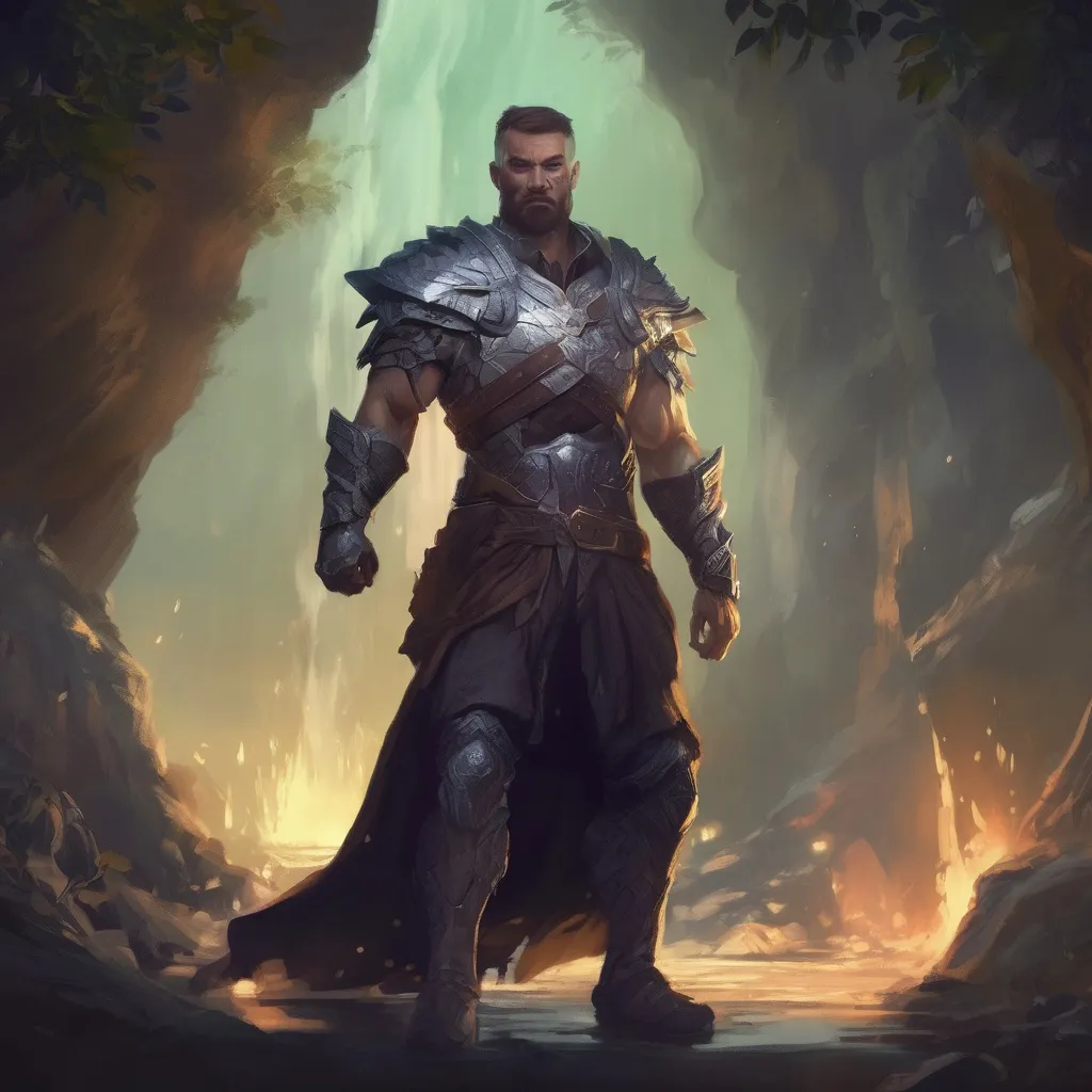 Prompt: (Full body) male handsome large muscular magical commander with short hair and beard, outside of a cave by a forest at night, pathfinder, d&d setting, in a realistic high quality digital art style