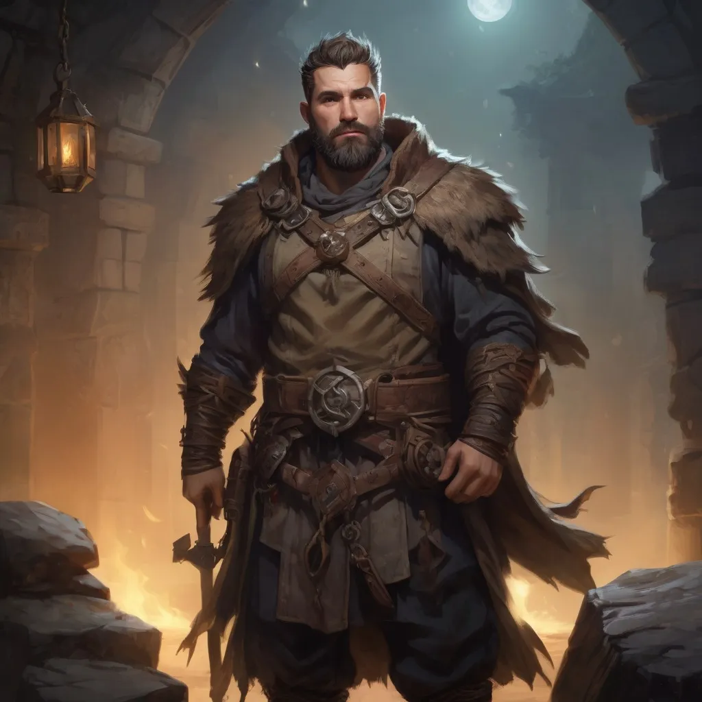 Prompt: Male stocky heavy-set fantasy-druid with short-cut hair and beard, outside of fantasy dungeon at night, pathfinder, d&d setting, in a realistic high quality digital art style, enhanced shadow quality