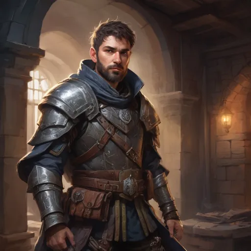 Prompt: Male stocky hairy sneaky rogue in light-armour with short hair and beard, exploring a dark mansion, pathfinder, d&d setting, in a realistic high quality digital art style, enhanced shadow quality, colorful