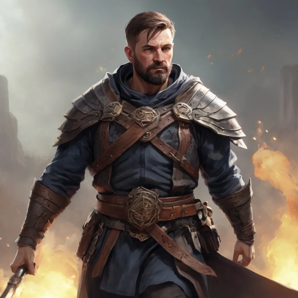 Prompt: Male stocky heavy-set mature illutionist with short-cut hair and beard, on a battlefield, in combat, casting a sage-spell, pathfinder, d&d setting, enhanced shadow quality, realistic