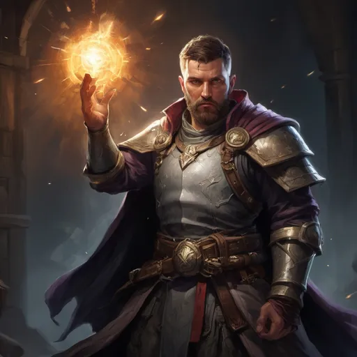 Prompt: Male stocky large cleric with short-cut hair and beard, engaged in combat casting a holy light spell inside of a dark dungeon, pathfinder, d&d setting, in a realistic high quality digital art style, enhanced shadow quality, colorful