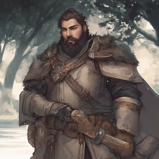 Prompt: (Full body) male stocky big-chested hairy-chested paladin with short hair and beard, open shirt, in nature at night, pathfinder, d&d setting, in a realistic digital art style