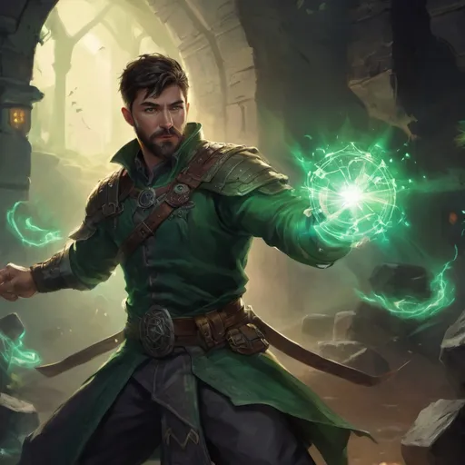 Prompt: Male stocky large battle-mage with short-cut hair and beard, engaged in combat casting a green-light spell inside of a dark dungeon, pathfinder, d&d setting, in a realistic high quality digital art style, enhanced shadow quality, colorful