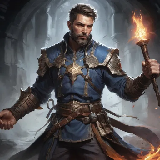 Prompt: (torso) Male stocky large battle-mage with short-cut hair and beard, engaged in combat casting a white-light spell inside of a dark dungeon, in movement, pathfinder, d&d setting, realistic, enhanced shadow quality, colorful