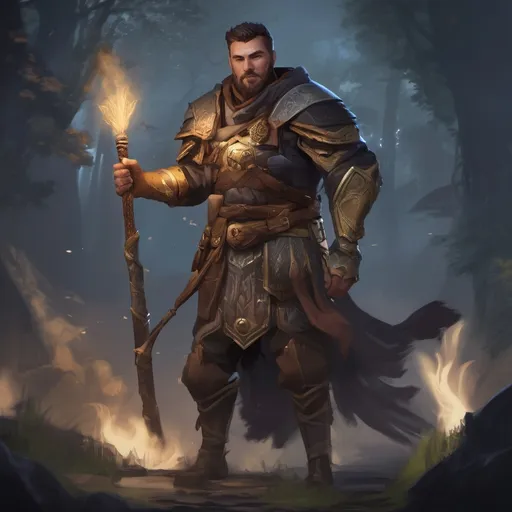 Prompt: (Full body) male stocky druid with short-cut hair and beard, in leather armor, casting a swirly nature-spell, in nature at night pathfinder, d&d setting, in a realistic digital art style