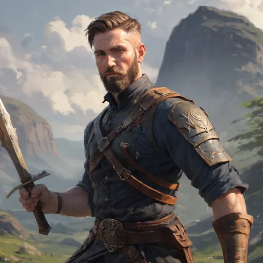 Prompt: (torso) Male heavy-set mature fit magical halbardier with short-cut hair and beard, holding fantasy-weapon, in movement, in a windy battlefield, pathfinder, d&d setting, enhanced shadow quality
