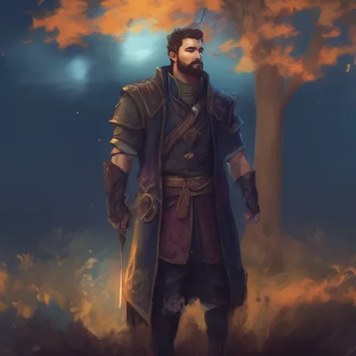 Prompt: (Full body) male manly stocky holy paladin with dark short-cut hair and beard, in nature at night, pathfinder, d&d setting, in a realistic digital art style