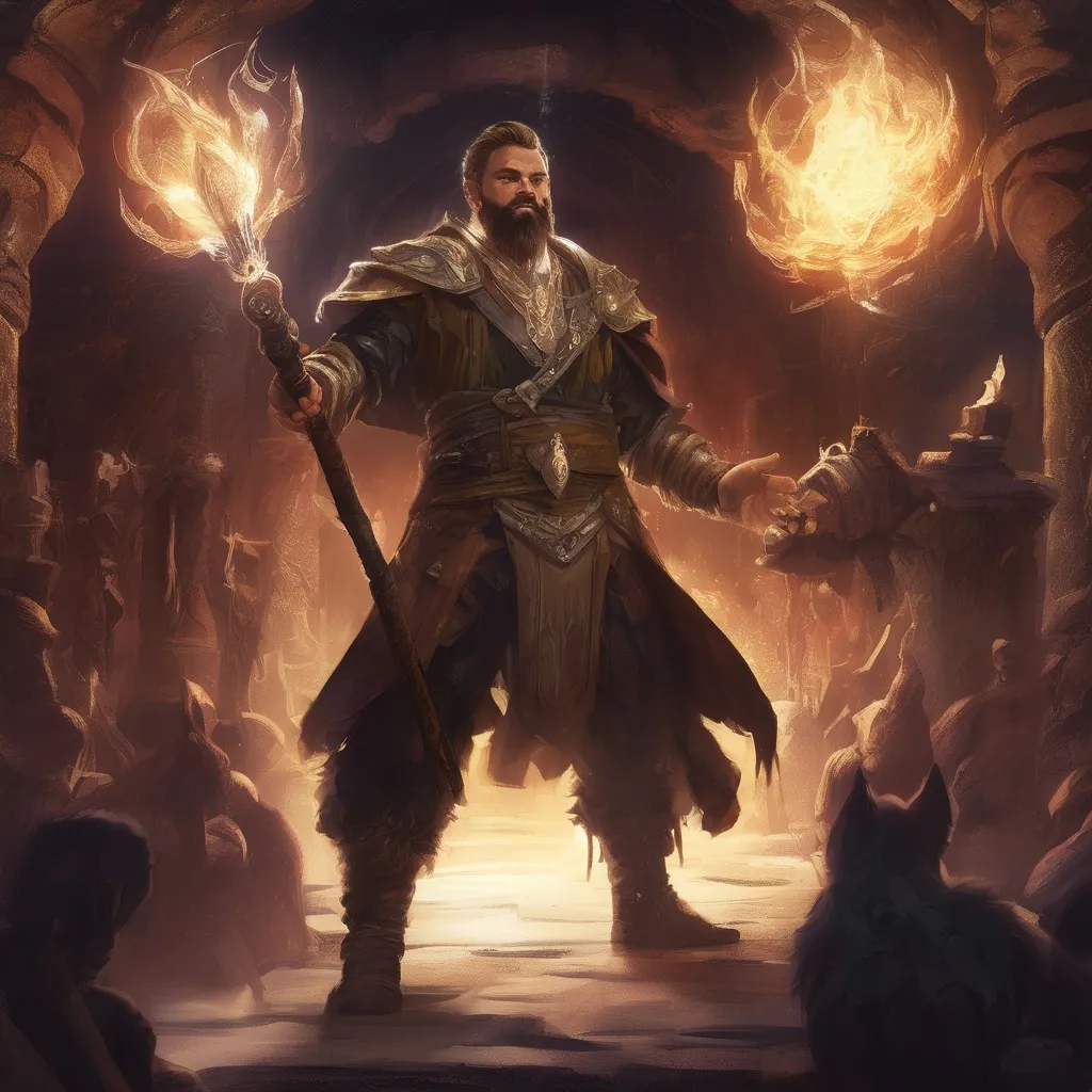 Prompt: (Full body) male stocky arcane-summoner with short-cut hair and beard, holding magic staff with swirly lights, no shirt on, very-hairy chest, in a dark underground dungeon temple, pathfinder, d&d setting, in a realistic digital art style