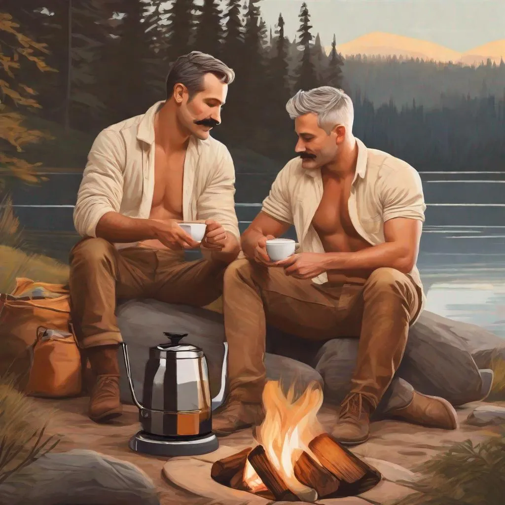 Prompt: Two young dads with short grey hair mustaches and stubble camping by a lake, holding each other, coffee pot on a campfire, early morning, no shirt on, in a painted style realistic