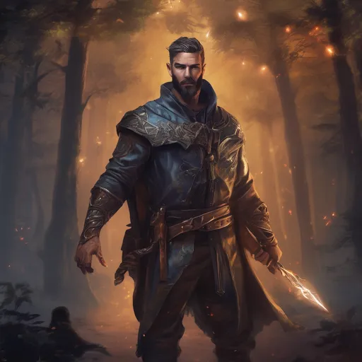 Prompt: (Full body) male handsome muscular royal mage with short hair and beard, casting a magical dark spell, in a forest at night, pathfinder, d&d setting, in a realistic high quality digital art style