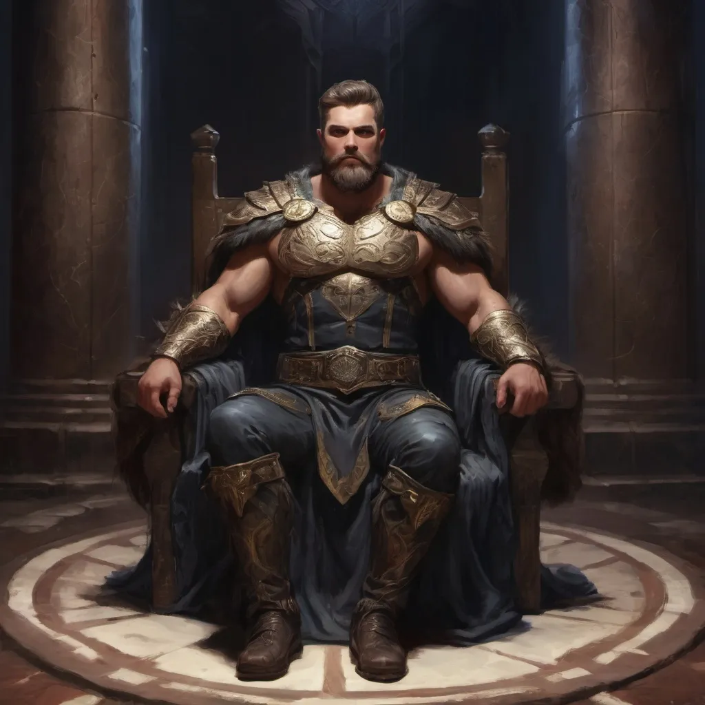 Prompt: (Full body) male stocky masculine manly hunky royal king with short hair and beard, hairy chest, in a dark throne room, pathfinder, d&d setting, in a realistic high quality digital art style