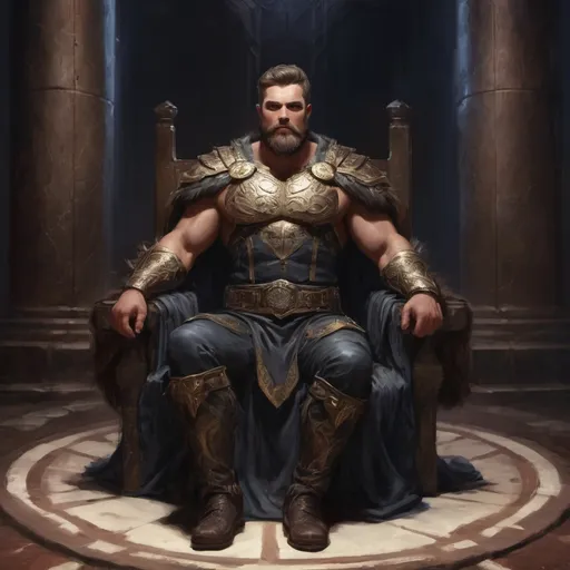 Prompt: (Full body) male stocky masculine manly hunky royal king with short hair and beard, hairy chest, in a dark throne room, pathfinder, d&d setting, in a realistic high quality digital art style