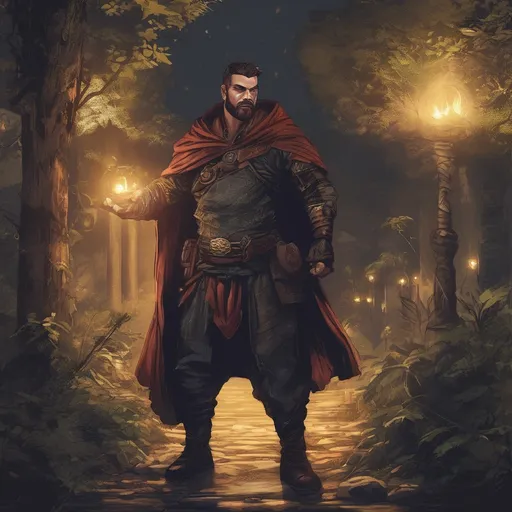 Prompt: (Full body) male stocky big-chested thief with short hair and beard, no shirt on, casting a spell, in nature at night, pathfinder, d&d setting, in a realistic digital art style